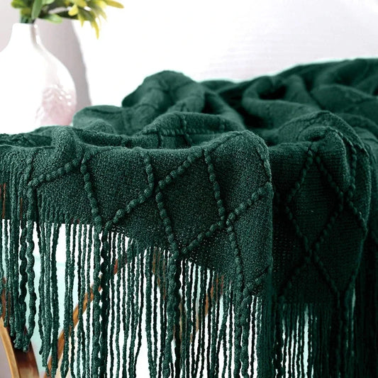 Green Knitted Tassel Throw Blanket