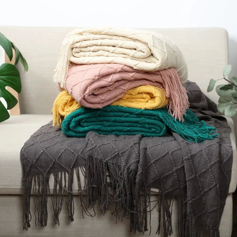 Green Knitted Tassel Throw Blanket