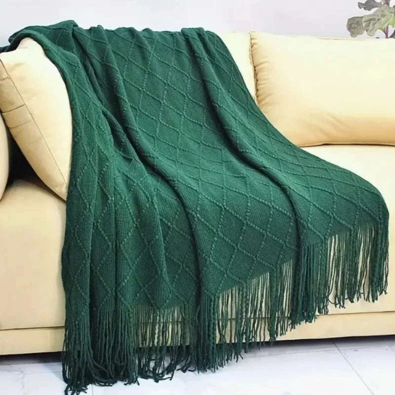 Green Knitted Tassel Throw Blanket