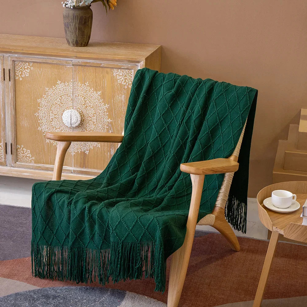 Green Knitted Tassel Throw Blanket